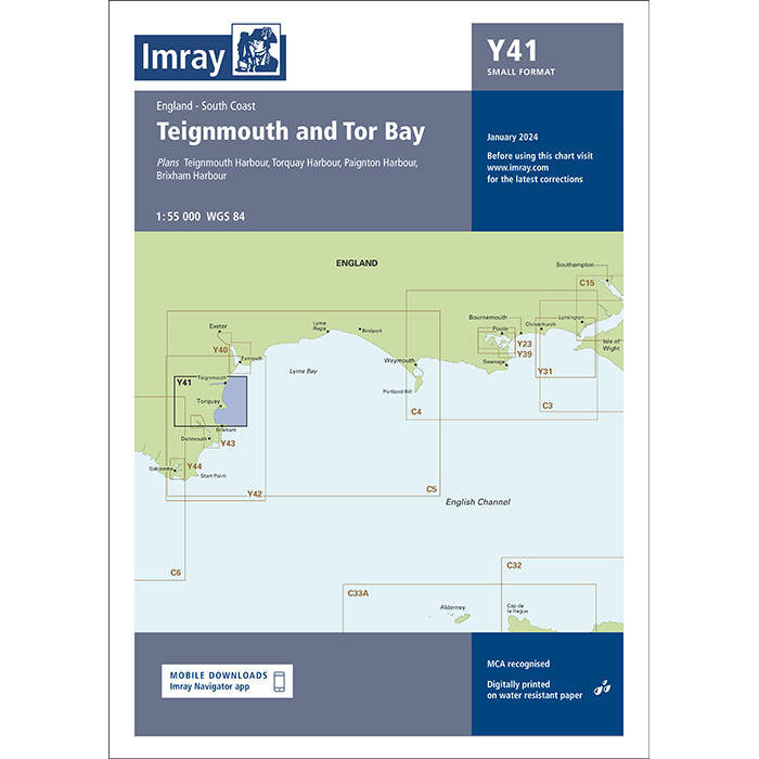 The Imray Chart Y41, titled "Teignmouth and Tor Bay," highlights England's South Coast with a focus on Teignmouth and Tor Bay. This Imray edition includes detailed charts of harbors and nearby coasts at a 1:55,000 scale in a small format. It will be available for download in January 2024.