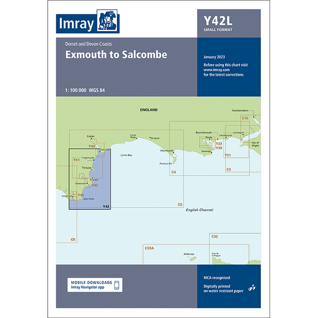 The Imray Chart Y42L | Exmouth to Salcombe (Laminated) from Imray includes detailed mappings of the Dorset and Devon coasts, along with an area map of the English Channel, making it ideal for coastal navigation of UK waterways. The chart follows the WGS 84 format and is dated January 2023.