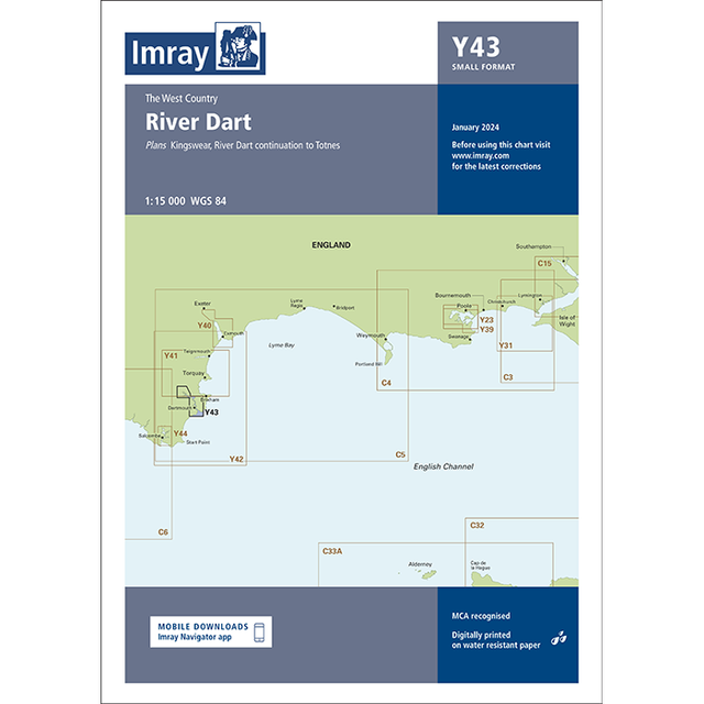 A nautical chart titled "Imray Chart Y43 | River Dart (Small Format)" by Imray, part of the Imray Y Series charts, displays coastal areas from Kingswear to Totnes, England. The map shows navigational details and land areas in green. A digital version is available for mobile download, making it perfect for exploring UK waterways.