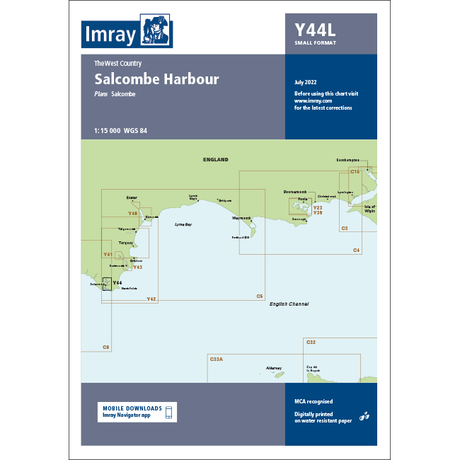 The Imray Chart Y44L, titled "Salcombe Harbour" and laminated for durability, offers a detailed navigational guide to parts of the south coast of England, with a focus on Salcombe, Dartmouth, and Plymouth. As part of the Imray Y Series charts, it features updates from July 2022 and uses a scale of 1:15 000 WGS 84.