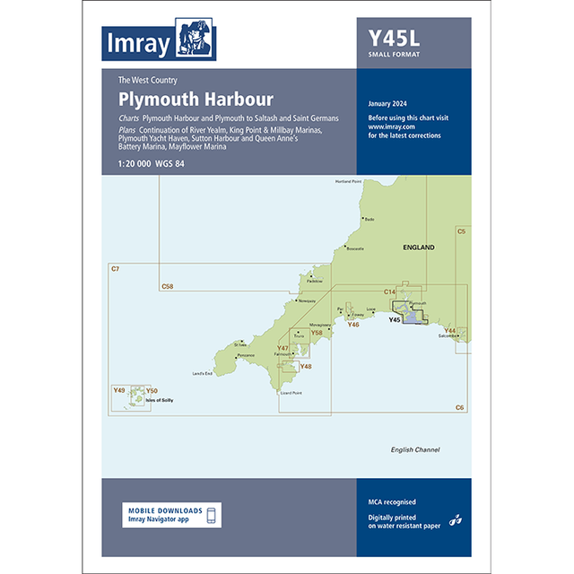 The laminated Imray Chart Y45L, titled "Plymouth Harbour," from the Imray Y Series, offers detailed maps of Plymouth and surrounding areas with an inset focusing on the south coast of England. The chart features a 1:20,000 scale and follows WGS 84 standards.