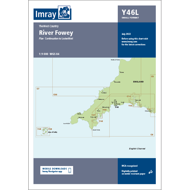 The Imray Chart Y46L | River Fowey (Laminated) by Imray is a nautical chart cover that features a scaled map, legend, and navigational details such as "Small Format," "July 2022," and includes a plan for the "Continuation to Lostwithiel." Part of the Imray Y Series charts, it highlights coastal areas and the English Channel among UK waterways.