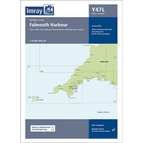 A laminated nautical chart, "Imray Chart Y47L | Falmouth Harbour" by Imray, part of the Imray Y Series charts, detailing the West Country's Falmouth area with plans for Mylor Yacht Harbour and Falmouth Marina. The chart is ideal for detailed navigation of UK waterways, is updated for January 2024, and includes an inset of the English Channel.