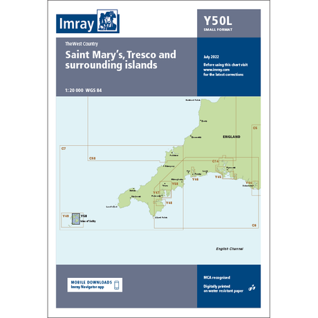 The Imray Chart Y50L, titled "Saint Mary's, Tresco and Surrounding Islands (Laminated)," is part of the Imray Y Series charts. This chart depicts UK waterways with a focus on a section of England and its detailed islands at a scale of 1:20 000. An inset named "Y5056 Approaches to Scilly" provides additional navigational information.