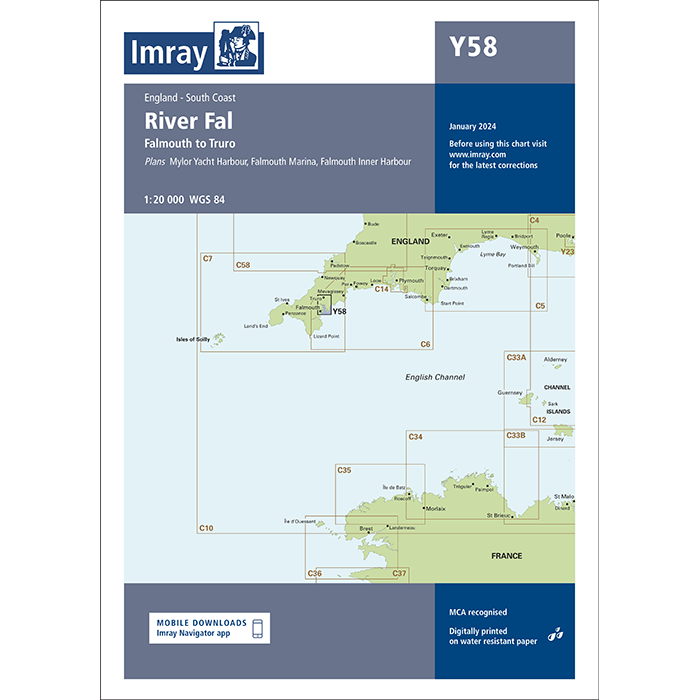 Imray Chart Y58: River Fal covers England’s south coast from Falmouth to Truro, showing rivers, estuaries, map sections, a blue "Y58" header, and January 2024 details. From the Imray Y Series charts.