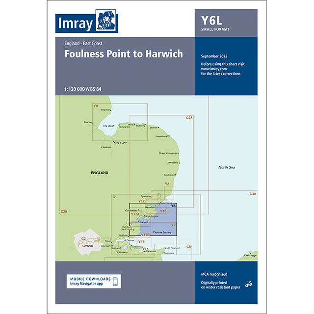 The Imray Chart Y6L: "Foulness Point to Harwich (Laminated)" is a detailed nautical chart from the Imray Y Series, designed for the England East Coast. Published in September 2022, it features a map and various navigational details and is available in a small format suitable for mobile downloads via the Imray Navigator app. It is perfect for coastal navigation of UK waterways.