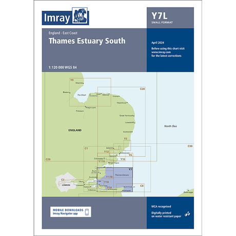 A detailed laminated navigational chart titled "Imray Chart Y7L | Thames Estuary South" by Imray, part of the Imray Y Series charts, covering the England-East Coast area. The chart has a scale of 1:120,000 WGS 84 and mentions a publication date of April 2024. Users are advised to visit Imray.com for updates.