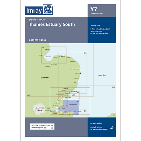 The Imray Chart Y7 titled "Thames Estuary South (Small Format)" from Imray's Y Series charts includes navigational details such as chart number Y7, a scale of 1:120,000, and has a publication date of January 2024. It features a map preview, mobile download information, and MCA recognition for UK waterways.