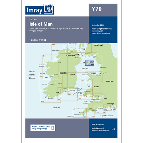 The Imray Chart Y70 | Isle of Man illustrates the Isle of Man and surrounding Irish Sea with a wealth of coastal details, such as navigable rivers & estuaries, regions, and sailing routes. It includes the Imray logo, an edition date of September 2016, and mentions mobile navigation apps and high-quality digital printing.