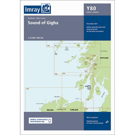 The Imray Chart Y80, titled "Sound of Gigha" (Small Format), is a nautical chart by Imray depicting the west coast of Scotland. This chart, part of the Imray Y Series, offers a detailed guide to UK waterways with a scale of 1:25,000 WGS 84 and covers surrounding waters and nearby landmasses. Note: Please check for the latest corrections.