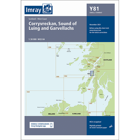 Introducing the Imray Chart Y81 | Corryvreckan, Sound of Luing and Garvellachs (Small Format), a detailed navigational chart from Imray covering the west coast of Scotland. This chart, part of the renowned Imray Y Series, is meticulously scaled at 1:30,000 using WGS 84 navigation data. The latest edition was released in November 2021 and provides comprehensive details for savvy navigators.