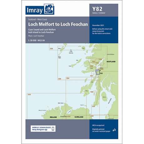 The Imray Chart Y82, titled "Loch Melfort to Loch Feochan," is a small-format nautical map from Imray that provides a detailed guide to the west coast of Scotland, including Casn Sound, Loch Feochan, and Irish Island. This chart also covers surrounding areas such as the Irish Sea and includes geographical coordinates.