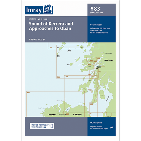 The Imray Chart Y83, titled "Sound of Kerrera and Approaches to Oban (Small Format)," covers the west coast of Scotland, featuring detailed navigation and coastal outlines. Dated November 2021, it uses WGS 84 datum at a scale of 1:15,000, making it an essential tool for exploring UK waterways.