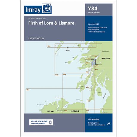 The Imray Chart Y84, titled "Firth of Lorn and Lismore," is a small format nautical chart by Imray. It is part of the Y Series charts for Scotland's West Coast and includes detailed navigational information, a map of Scotland's west coast, and an inset map. This chart was updated in November 2021 with mobile download information.