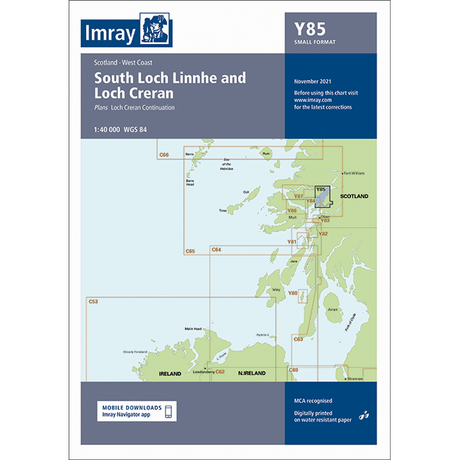 Imray Chart Y85: South Loch Linnhe and Loch Creran by Imray, a small format map of Scotland’s west coast featuring highlighted areas, publication info, and a mobile downloads icon from the Imray Y Series.