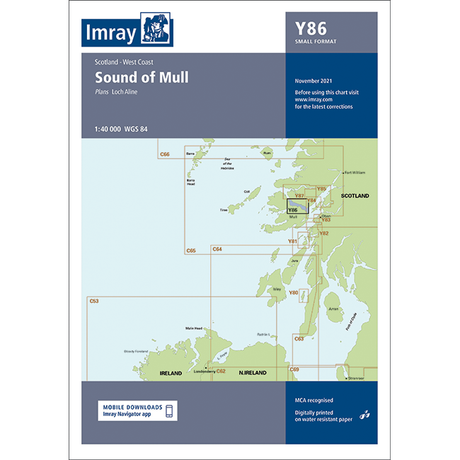 The Imray Chart Y86, titled "Sound of Mull," from the Imray brand, is a small-format nautical chart that covers the West Coast of Scotland and Loch Aline. It features grid references and detailed navigational information. An important note mentions updates as of November 2021 and recommends checking for the latest corrections before use.