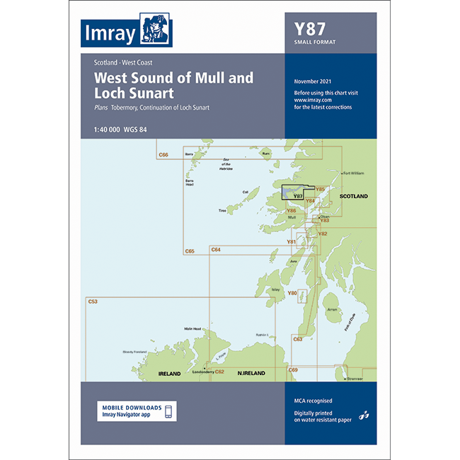 Nautical chart titled "Imray Chart Y87 | West Sound of Mull and Loch Sunart (Small Format)" by Imray, from the Imray Y Series, covering part of Scotland's west coast and surrounding waters. This detailed guide features various insets and navigational details, with a mobile download option for further updates.