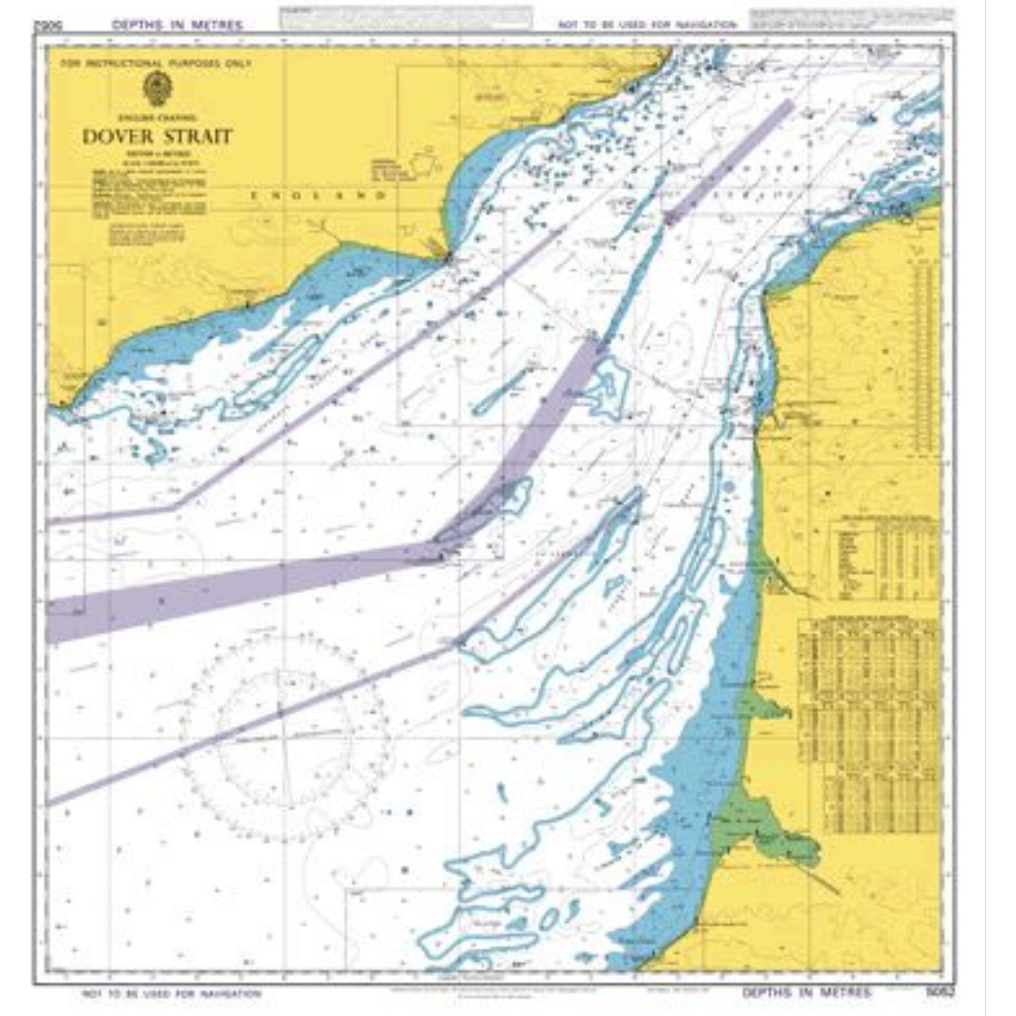 The Admiralty Instructional Chart 5052 | Dover Strait features marked shipping lanes, depth contours, and coastal features. This instructional navigational chart from Admiralty includes aids, hazards, and detailed information on water depths, currents, and coastline topography for commercial shipping routes.