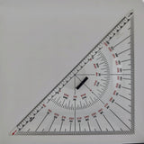 The Charles, Smith & Reddish 12" Navigation Triangle is a white isosceles triangle protractor with black and red markings. It features both a protractor scale and linear measurements in centimeters and inches. An integrated spirit level near the center ensures precision, embodying traditional craftsmanship.