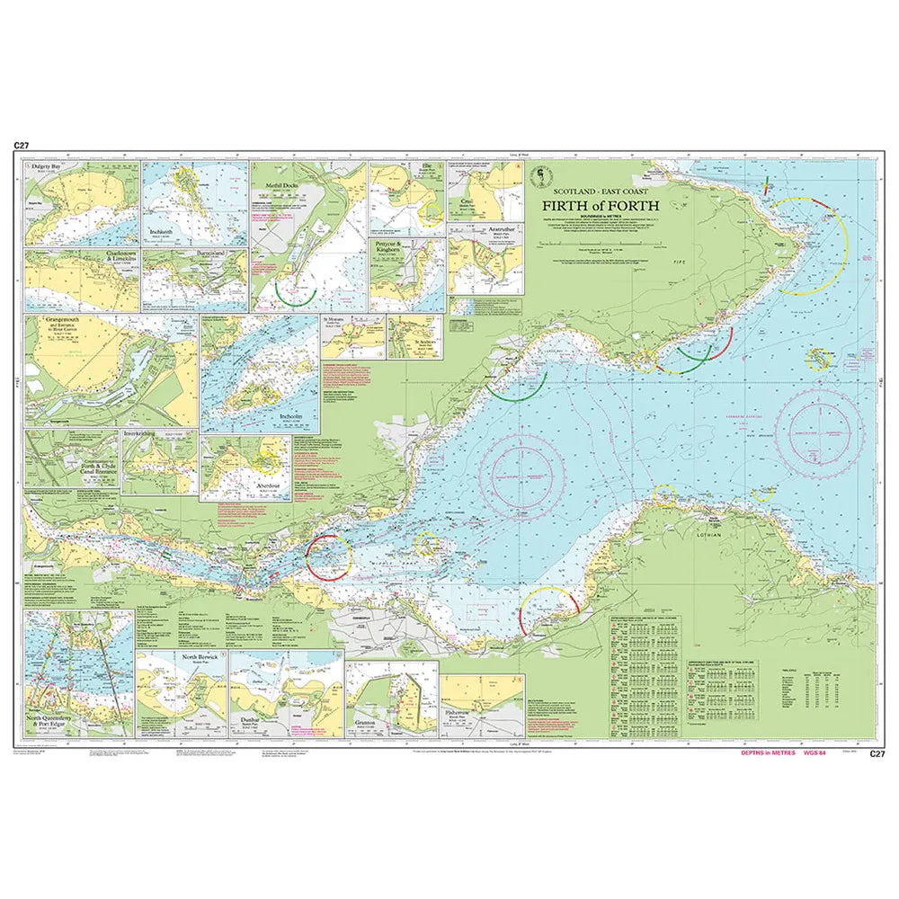 The Imray Chart C27: Firth of Forth, crafted by Imray, provides a comprehensive overview of the East Coast of Scotland. It includes insets for small craft harbors and coastal details, complete with navigation symbols, depth markings, and compass roses to emphasize marine navigational routes and coastal geography.