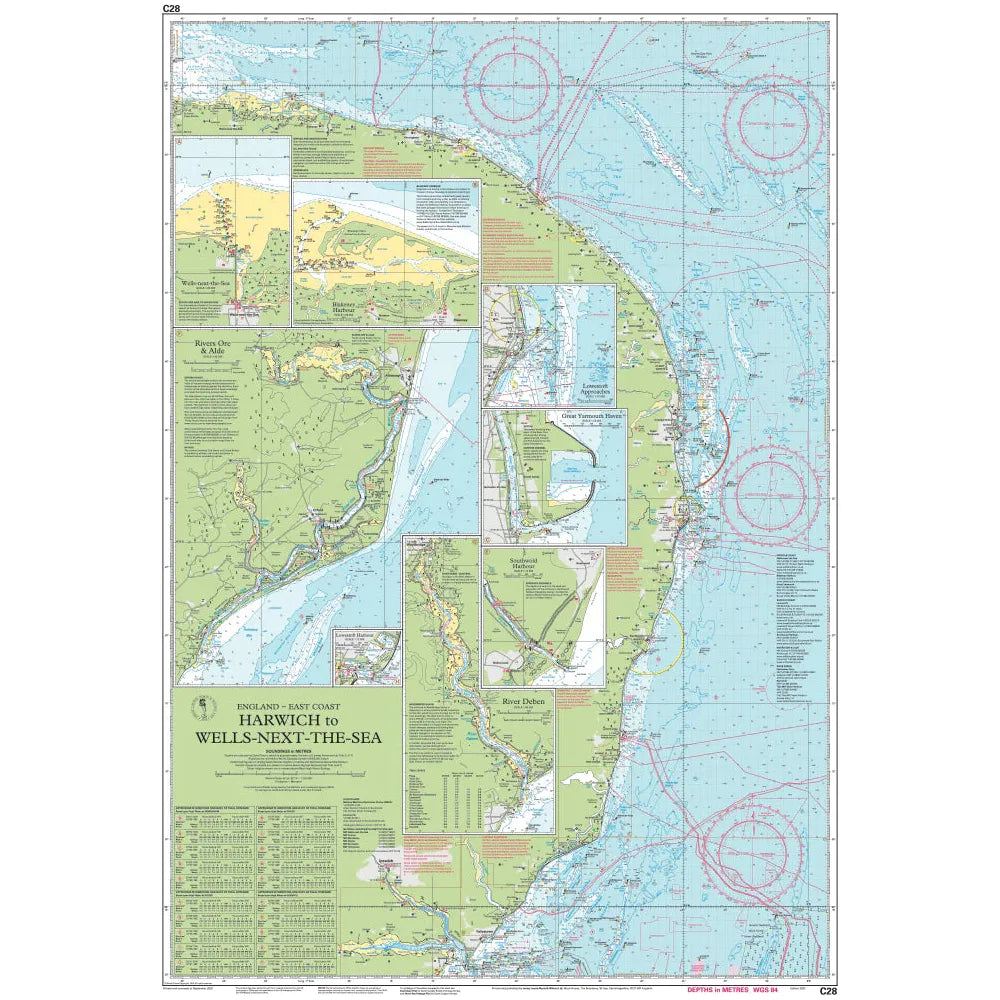 Imray's Imray Chart C28: Harwich to Wells-next-the-Sea provides a comprehensive depiction of the East Coast of England, featuring detailed land formations, waterways, navigation aids, depth contours, as well as geographic labels and maritime symbols.