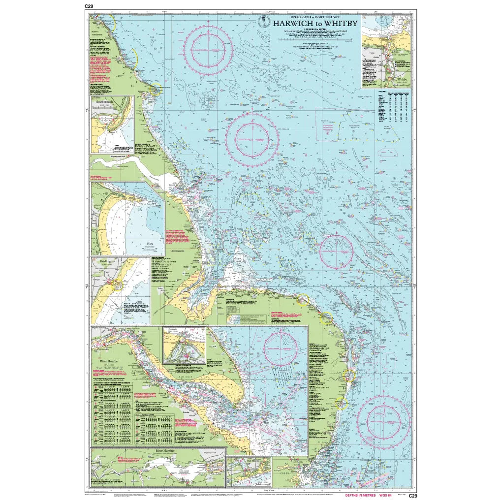 Imray's Chart C29: Harwich to Whitby covers the East Coast of England and provides detailed coastal information, shipping routes, coordinates, and depth measurements perfect for small craft. The chart also includes compass roses and inset maps with navigation aids tailored for specific areas.