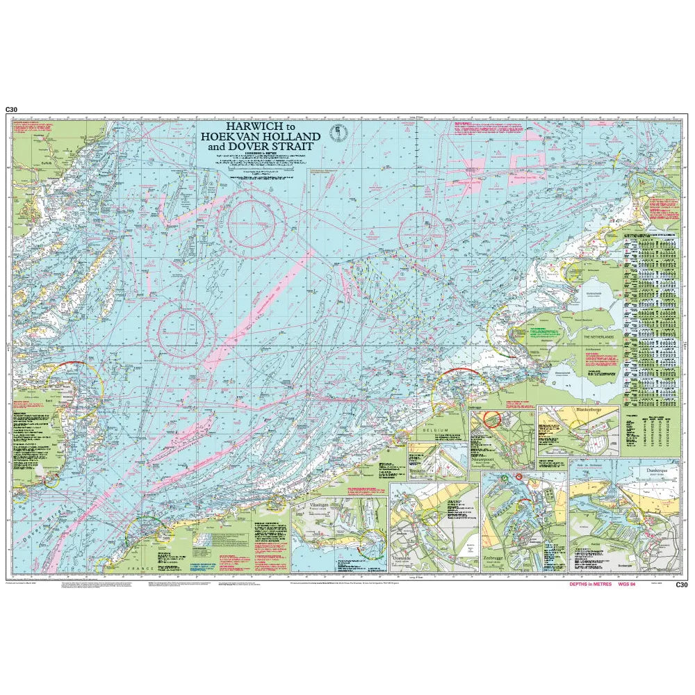 Discover the Imray Chart C30: Harwich to Hoek van Holland and Dover Strait, a detailed map by Imray that showcases navigation routes, maritime boundaries, and coastal features. This chart includes depth markings, lighthouses, and special maritime symbols designed specifically for small craft across various sections.