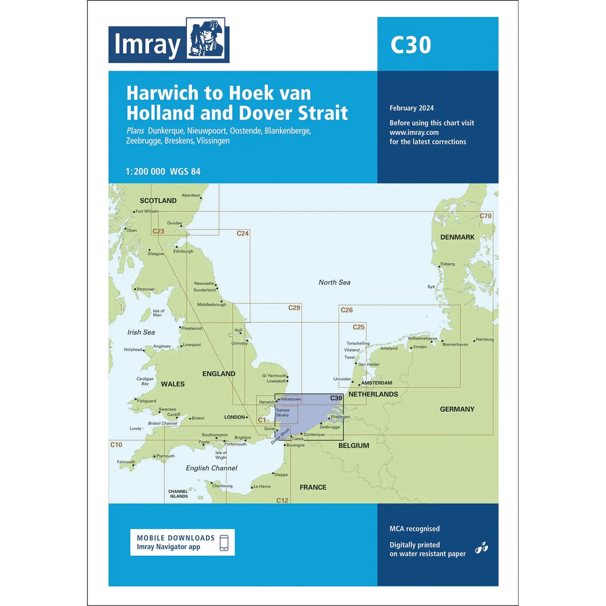 Introducing the Imray Chart C30: Harwich to Hoek van Holland and Dover Strait. This detailed nautical chart is perfect for navigating small craft, featuring a scale of 1:200,000. It covers the critical passage from Harwich to Hoek van Holland through the Dover Strait and includes plans for Dunkerque, Nieuwpoort, Oostende, Blankenberge, Zeebrugge, Breskens, and Vlissingen. Scheduled for release by Imray in February 2024.