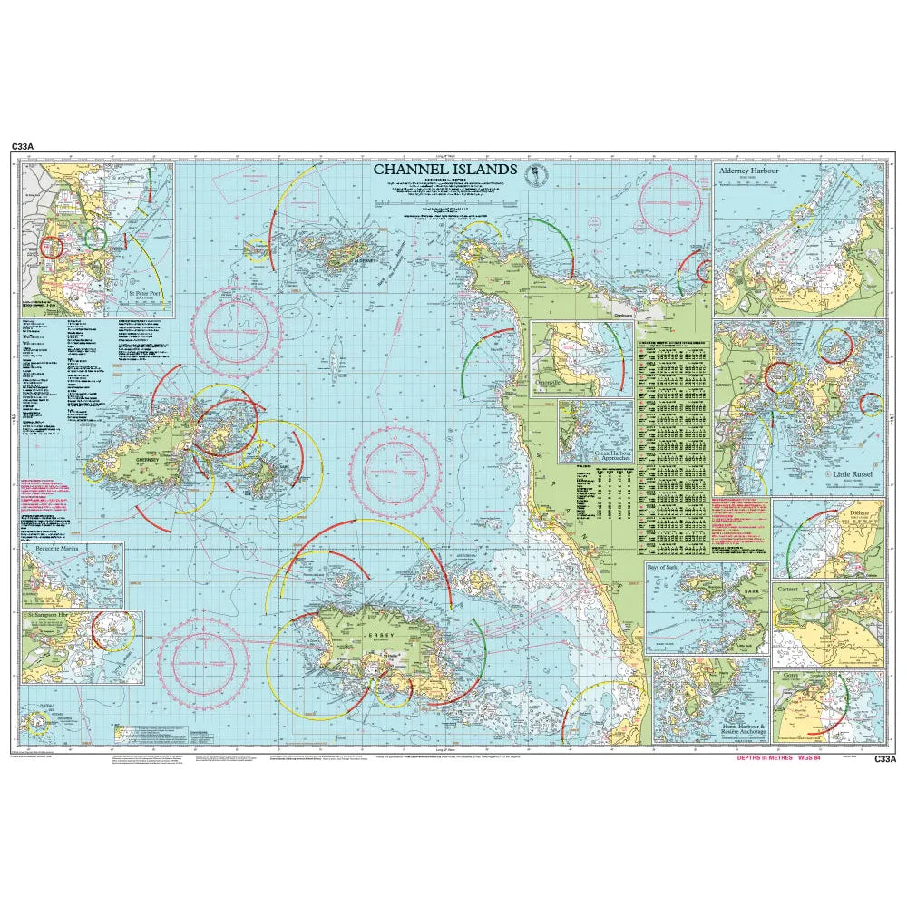 Imray Chart C33A: Channel Islands (North) from Imray provides comprehensive maritime navigation details, including coastal outlines, depth markings, navigational aids, and essential annotations. Additional insets offer specific area details crucial for small craft navigation.