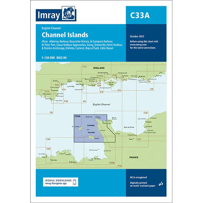 Explore the Imray Chart C33A: Channel Islands (North), a sturdy navigation map perfect for small craft sailing. It outlines harbors such as Alderney, Beaucette Marina, and St Sampson Harbour, along with sections of the English Channel, England, and France. Published by Imray at a 1:120,000 scale from October 2022.