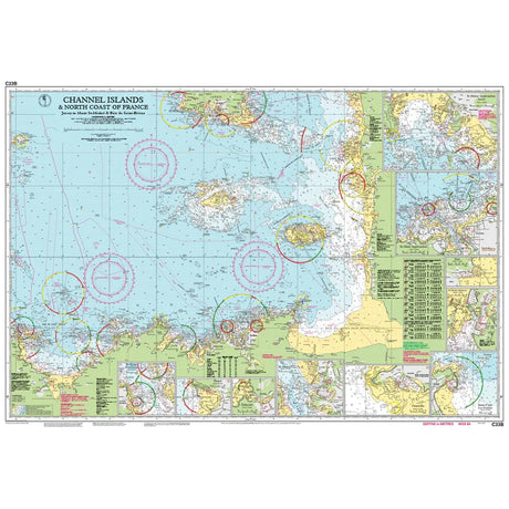 Imray's Chart C33B: Channel Islands (South) is designed for coastal navigation around the Channel Islands and the North Coast of France. It includes navigational details, depth markings, and land features, with insets offering detailed views for small craft sailing. The chart is labeled in English with navigational symbols.