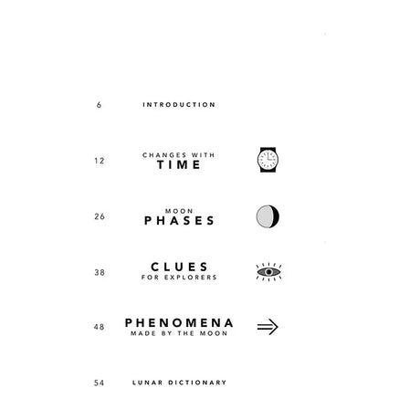 Table of contents with icons in the Imray Explorer Guide: The Moon by Imray: Introduction (pg 6), Changes Over Time with a clock icon (pg 12), Moon Phases accompanied by a moon icon (pg 26), Clues for Navigators to Enhance Skills with an eye icon (pg 38), Phenomena Driven by the Moon’s Influence featuring an arrow icon (pg 48), Lunar Lexicon (pg 54).