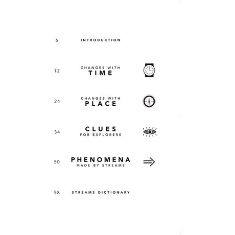 Imray Explorer Guide: Tidal Streams contents: Introduction, Changes with Time (clock icon), Changes with Place (compass icon), Clues for Explorers (eye icon), Phenomena Made by Streams such as Tidal Currents (arrow icon), Streams Dictionary featuring Coastal Navigation tips and page numbers.