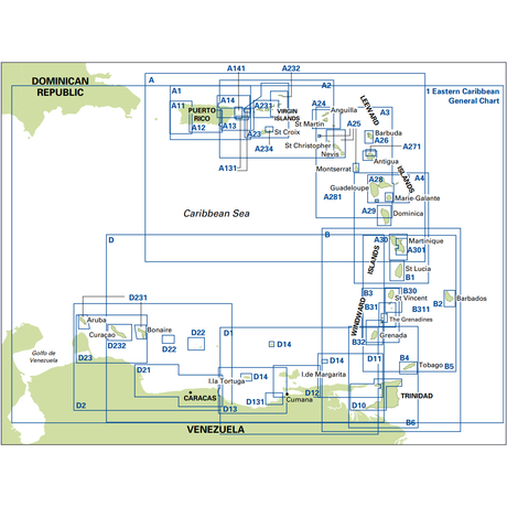 Imray Chart D11: Trinidad to Carupano by Imray is a detailed map covering the eastern Caribbean Sea, highlighting areas from Trinidad to Carupano—ideal for navigation with grid labels and key islands like Puerto Rico and Barbados.