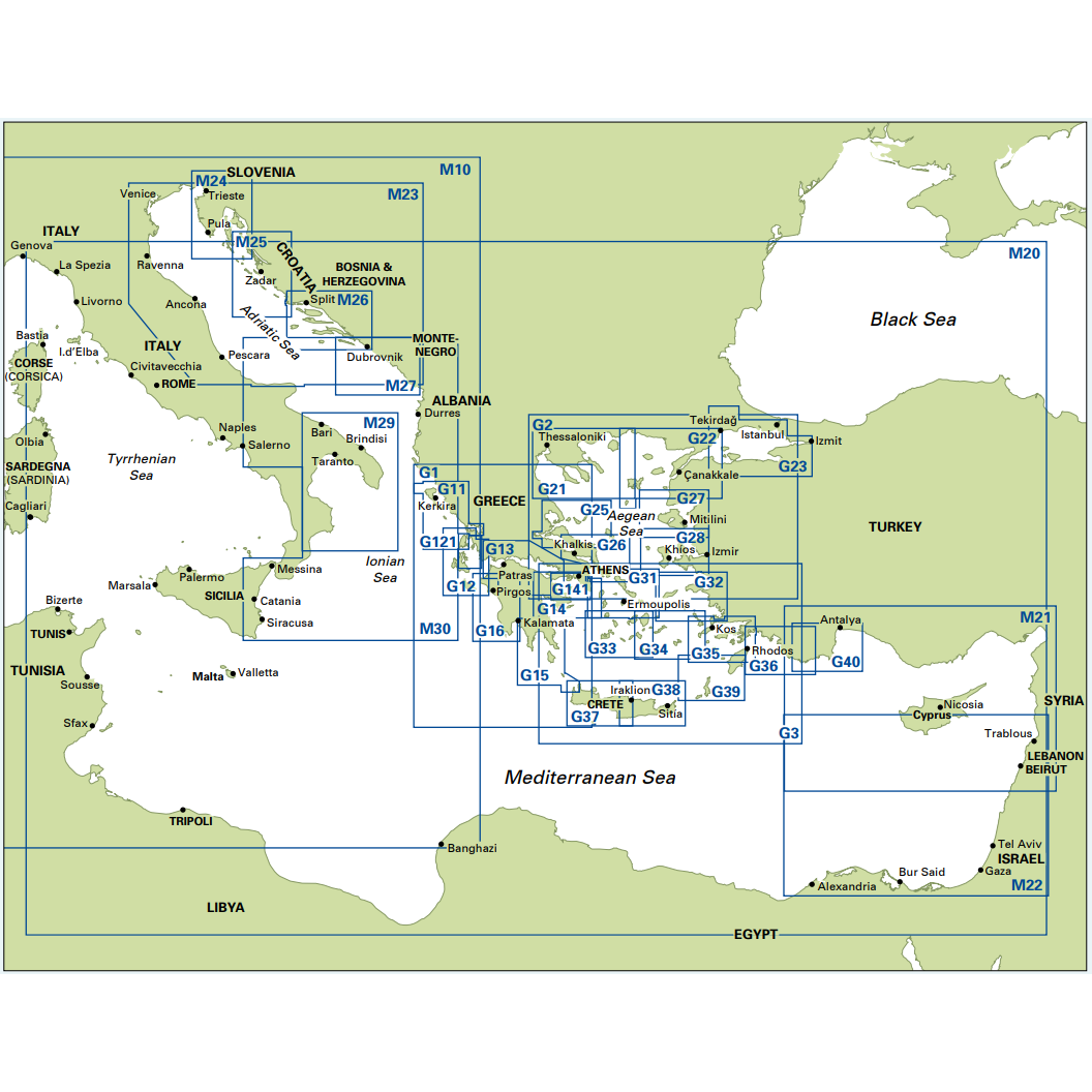 Imray Chart G28 maps Nísos Khíos and the Turkish coast, with labeled grid squares (M21–M39, G13–G45) covering Greek and Turkish waters. Part of the Imray G Series, it details the eastern Mediterranean region.
