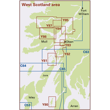 Imray Chart Y86: Sound of Mull by Imray displays West Scotland regions such as Islay, Jura, Mull, and Fort William. Labeled survey zones aid small craft navigation. Major coastlines and locations are clearly marked.
