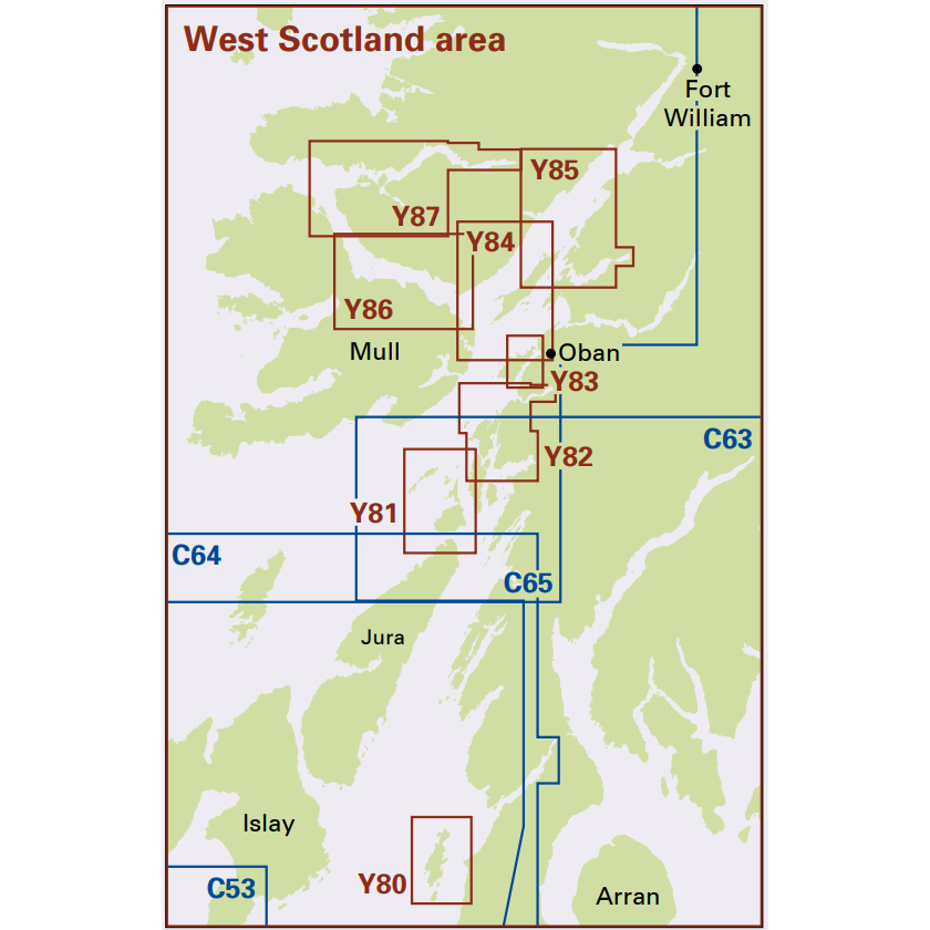 Imray Chart Y83: Sound of Kerrera and Approaches to Oban by Imray features detailed mapping of West Scotland’s mainland and islands, labeled grid sections, Fort William in the northeast, and UKHO hydrographic data.