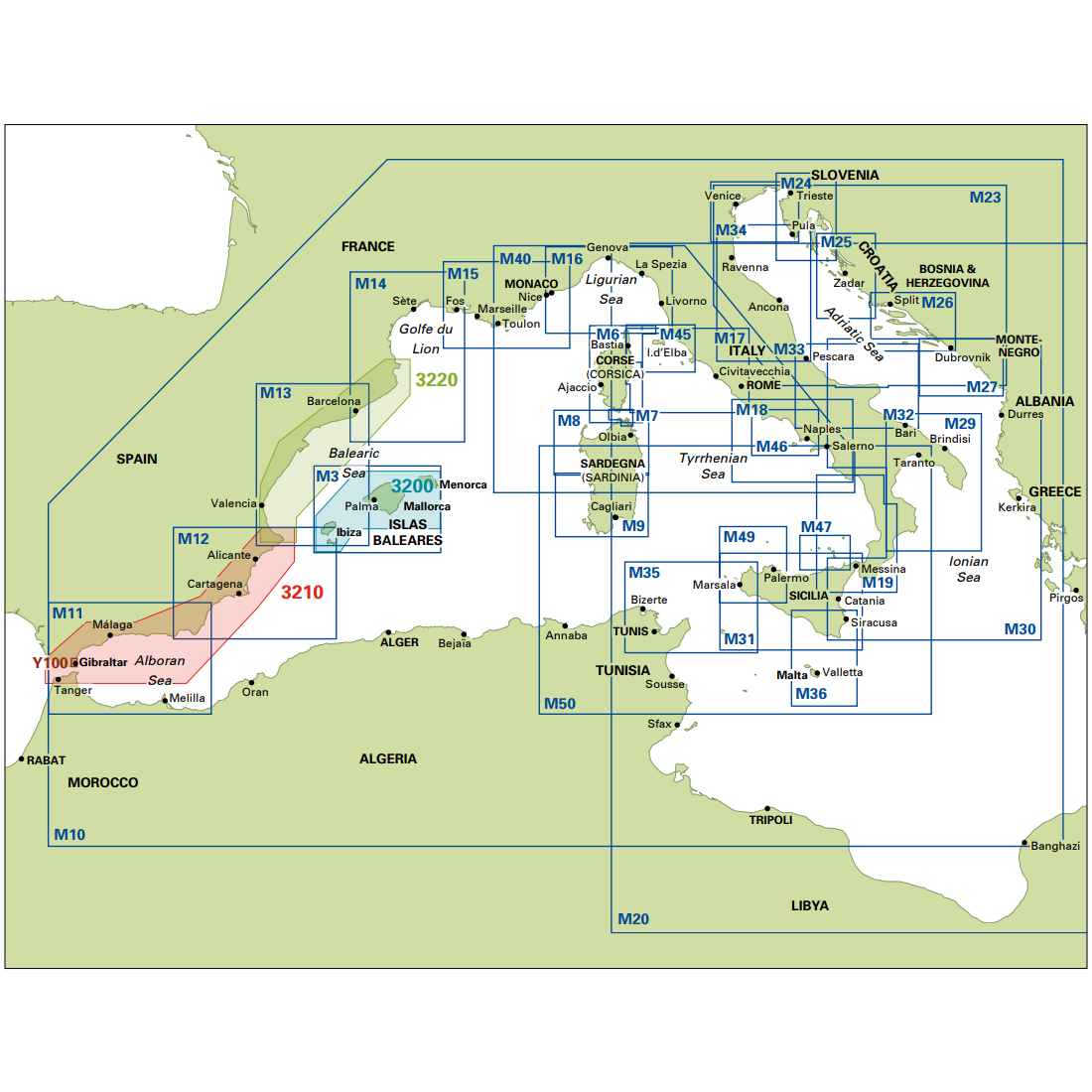 Map of maritime zones in the western and central Mediterranean, featuring grid sectors matching Imray M Series charts—perfect for cruising sailors using Imray Chart M19: Capo Palinuro to Punta Stilo or any Mediterranean nautical chart.