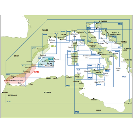 Map showing maritime navigation chart boundaries in the western Mediterranean, including Spain, France, Italy, North Africa, and the Balkans. Features Imray Chart M7: Bonifacio Strait from Imray’s M Series.