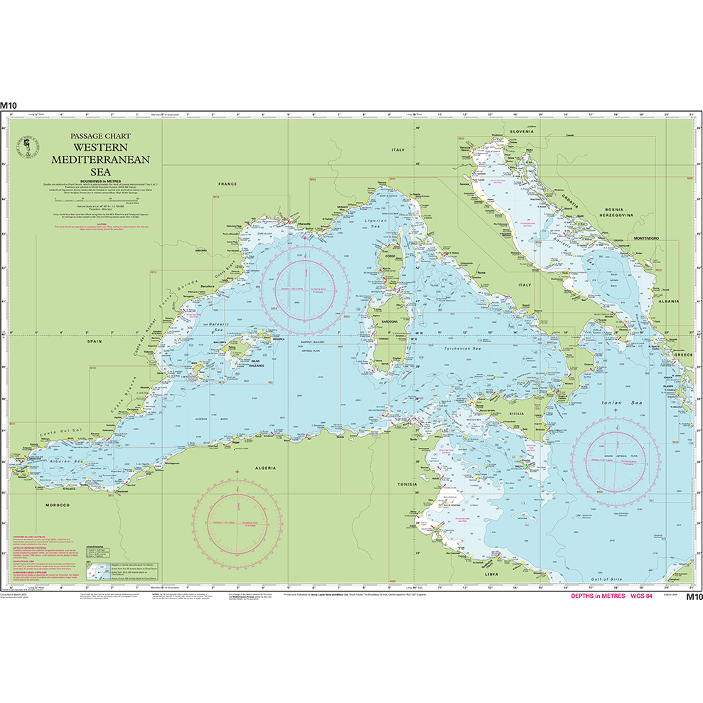 Imray Chart M10: Western Mediterranean by Imray is a nautical chart for cruising sailors, featuring coastal areas of Spain, France, Italy, and North Africa with routes, depth markings, ports, islands, and navigational aids clearly labeled.
