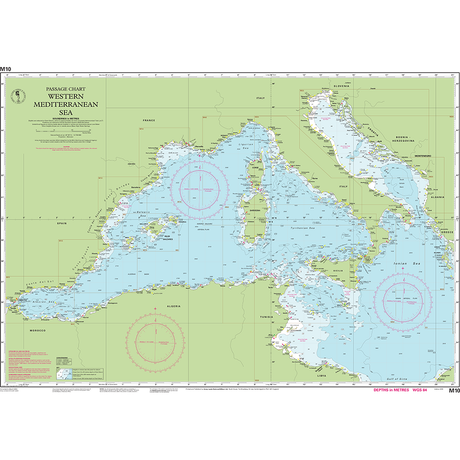 Imray Chart M10: Western Mediterranean by Imray is a nautical chart for cruising sailors, featuring coastal areas of Spain, France, Italy, and North Africa with routes, depth markings, ports, islands, and navigational aids clearly labeled.