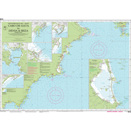 Imray Chart M12: Cabo de Gata to Dénia and Ibiza by Imray features detailed coastlines, depth markers, islands, and harbor insets for accurate navigation in the Mediterranean Sea.
