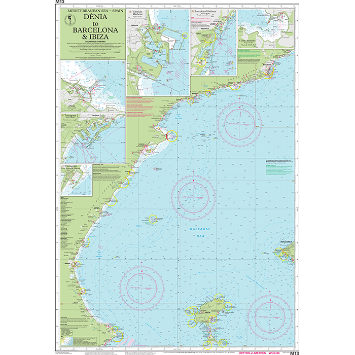 Imray Chart M13: Dénia to Barcelona and Ibiza by Imray features Mediterranean coastal details, navigational markers, sea depths, and inset maps for small craft navigation from Dénia to Barcelona and Ibiza.
