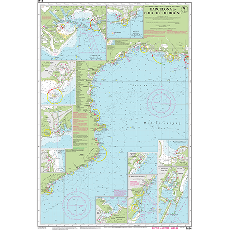 Imray Chart M14: Barcelona to Bouches du Rhône shows the Mediterranean coast with detailed port and harbor insets, depths, navigation aids, and coastal features in English and French. Part of the Imray chart series.