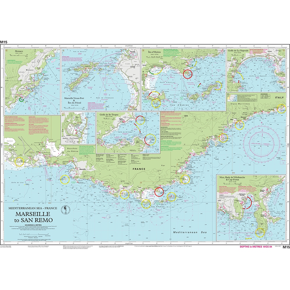 Imray Chart M15: Marseille to San Remo by Imray—a detailed nautical chart of the Mediterranean coast from Marseille to San Remo, featuring harbor insets, depth markings, navigational symbols, and key sailing routes.