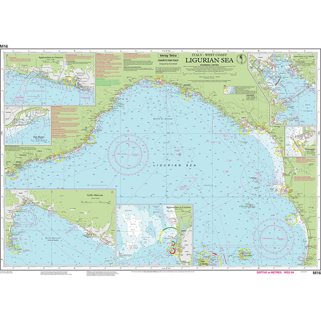 Imray Chart M16: Ligurian Sea by Imray details Italy’s west coast, displaying coastal outlines, ports, depth markings, navigational symbols, and inset harbor plans of Genoa, La Spezia, and Livorno.