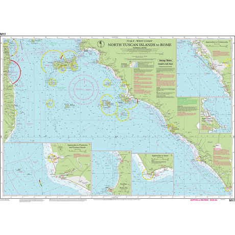 Imray Chart M17: North Tuscan Islands to Rome by Imray details Italy’s west coast, showing ports, water depths, and routes—ideal for cruising sailors navigating from the North Tuscan Islands to Rome.