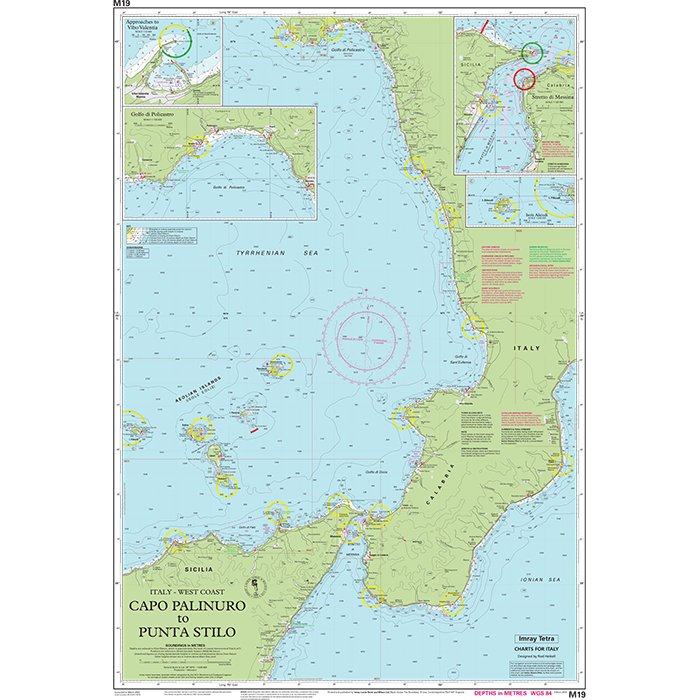 Imray Chart M19 by Imray covers Italy’s west coast from Capo Palinuro to Punta Stilo, showing sea routes, depths, navigation aids, and key port insets—ideal for cruising sailors in the Mediterranean.