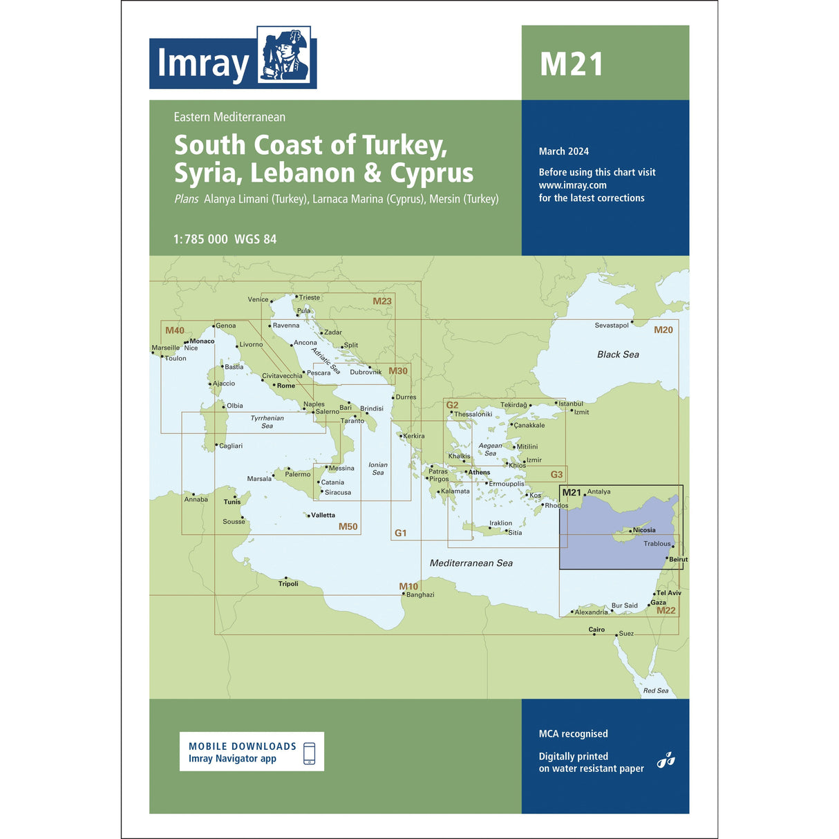 Imray Chart M21: South Coast Turkey, Syria, Lebanon and Cyprus by Imray shows detailed eastern Mediterranean chart areas. Ideal for cruising sailors' navigation. March 2024 edition from the Imray M Series.