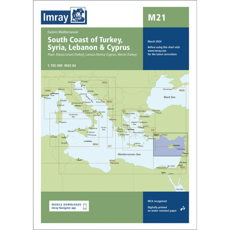 Imray Chart M21: South Coast Turkey, Syria, Lebanon and Cyprus by Imray shows detailed eastern Mediterranean chart areas. Ideal for cruising sailors' navigation. March 2024 edition from the Imray M Series.